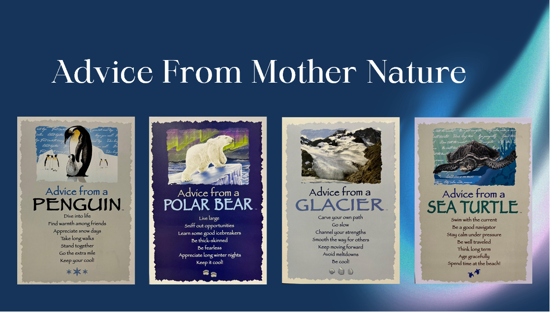 Advice from a polar bear, sea turtle, penguin and glacier